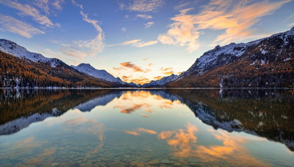 Hồ St. Moritz Thuỵ Sĩ phản chiếu dãy núi tuyết 