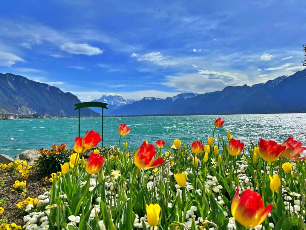 Đại lộ Promenade ven hồ Geneva với hoa mùa hè rực rỡ - du lịch Montreux Thuỵ Sĩ